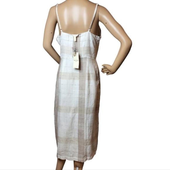 NWT Anthopologie Mo:vint Linen Beige Plaid Sleeveless Button Midi Dress Medium - Picture 7 of 16